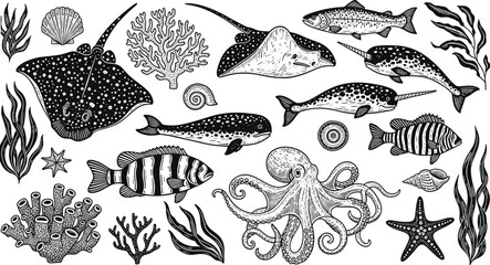 Marine life silhouette illustration, stingray vector art, octopus drawing, narwhal design, tropical fish artwork, coral reef graphic, underwater biodiversity, aquatic nature concept image © Creative Mind