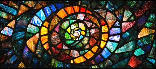 Dynamic stained glass composition featuring a captivating swirling spiral design