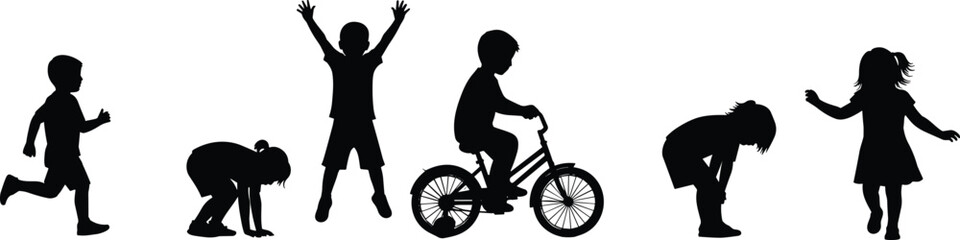 Obraz premium Black silhouette of a group of children playing, running, jumping, and riding a bicycle, active kids set isolated on white,