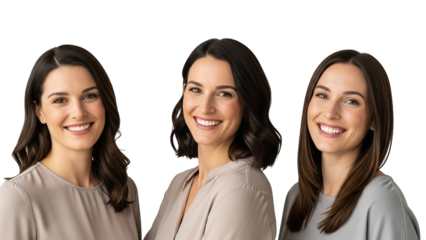 Three smiling women with brown hair on black background isolated on white transparent png background download
