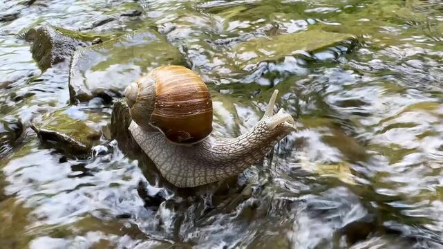 A snail examines a stone while traveling along a clear mountain river. Its cute face with delicate horns peers inquisitively at the flowing water.