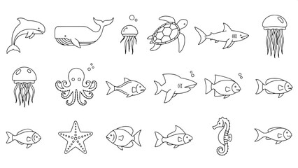 Marine life outline illustrations, flat minimalist icon set, modern graphic design, white background