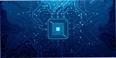 Abstract blue circuit board pattern with a central glowing square element
