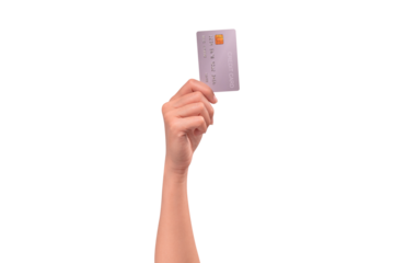 Hand holding a credit card isolated on transparent PNG. High resolution, high quality studio shot. Concept for technology, business, finance, advertising, E-commerce, Shopping and lifestyle themes.
