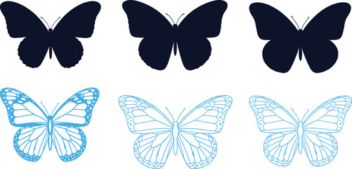 Butterfly silhouette, outline vector, CAD drawing, flat illustration, insect wings, nature sketch, symmetrical design, black blue contrast, entomology art, decorative motif © Ruhanul