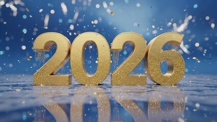 Happy New Year 2026 Celebration with Golden 3D Numbers and Falling Confetti on Blue Background
