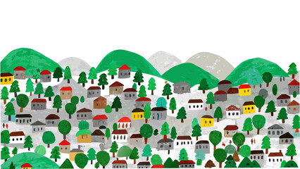 A charming illustrated village nestled among green hills and snowy peaks