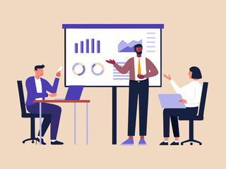 Business presentation with a speaker attendees and data visualization charts