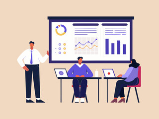 Business presentation with data analysis charts and a team in a meeting