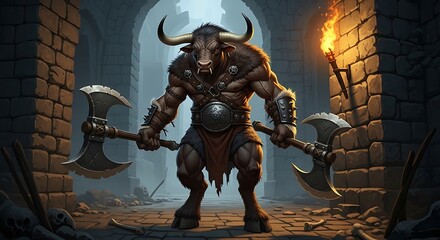 Muscular bipedal creature with bovine head and large axes stands prepared for combat within a dungeon setting