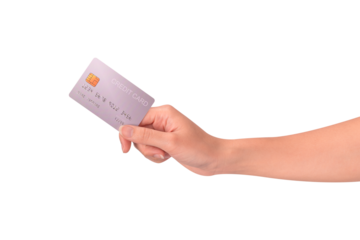 Hand holding a credit card isolated on transparent PNG. High resolution, high quality studio shot. Concept for technology, business, finance, advertising, E-commerce, Shopping and lifestyle themes.