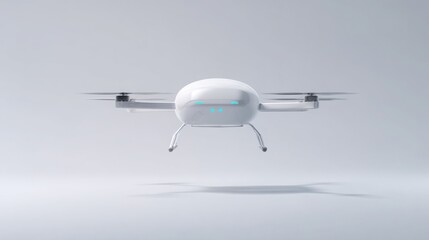 Single autonomous delivery drone hovering in mid air, matte white body with subtle blue indicators, soft shadow below, minimal light grey background