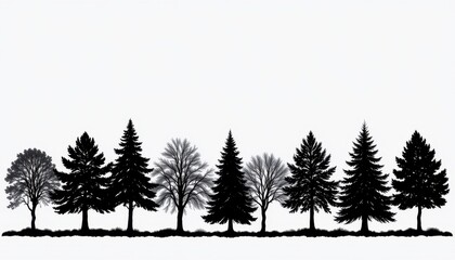 Obraz premium Silhouette of Various Trees in Black Against a Light Background, Nature Wilderness, Forest and Landscape Elements