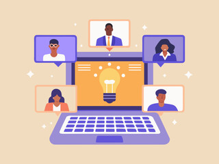 Collaborative brainstorming session with diverse team members displayed on a laptop screen