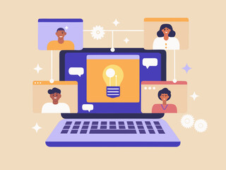 Collaborative brainstorming session depicted on a laptop screen with diverse participants