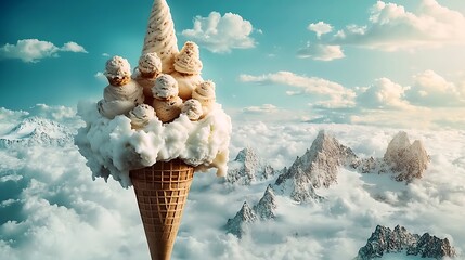 A surreal ice cream cone with scoops shaped like floating islands in a fantasy realm 