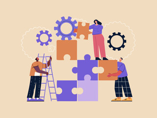 Teamwork and problem solving building solutions with interconnected puzzle pieces