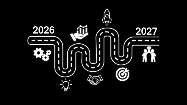 Business roadmap to 2027 success concept. A strategic business journey. Finger points at the 2027 target, surrounded by icons representing innovation, sustainability, year change animation concept.