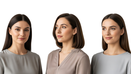Three women with different hairstyles and expressions on black background isolated on white transparent png background download