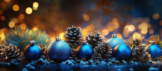 Festive New Year composition of blue ornaments and pinecones under golden bokeh lights