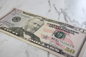 Single Fifty US Dollar Bill, Close-Up of Banknote, Financial Concept