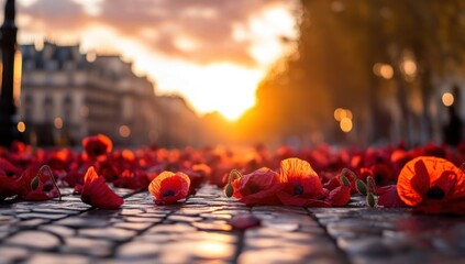 Poignant remembrance: Red poppies cascade across Parisian pavement at sunset