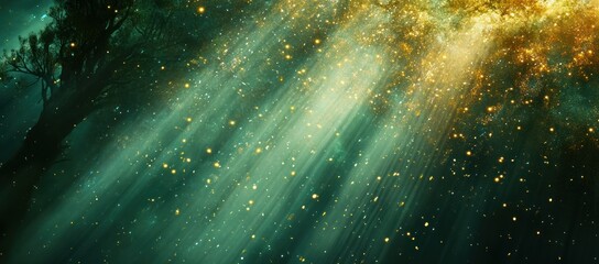 Enigmatic forest illuminated by ethereal beams and celestial particles of light