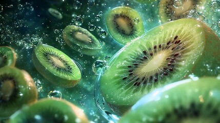 A surreal kiwi juice with glowing fruit pieces floating in a cosmic background 