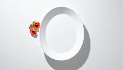 A plain white ceramic plate with scalloped edges viewed from above on a white surface with soft shadows.