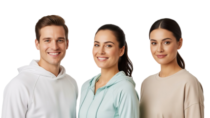Three young adults smiling at camera in casual wear isolated on white transparent png background download