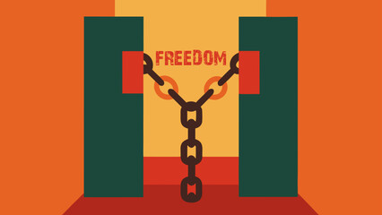 A Conceptual Minimalist Illustration Depicting Oppression and Lack of Freedom Using Chain Symbolism on an Orange Background