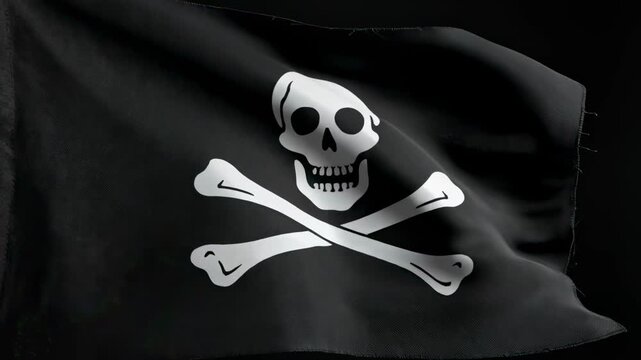 Waving pirate flag with skull and crossbones symbol. Jolly Roger banner fluttering in the wind on black background. Symbol of danger and piracy