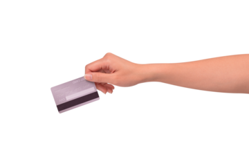 Hand holding a credit card isolated on transparent PNG. High resolution, high quality studio shot. Concept for technology, business, finance, advertising, E-commerce, Shopping and lifestyle themes.