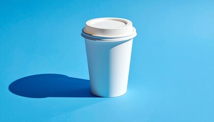 Obraz premium A white disposable coffee cup with a lid casting a shadow on a bright blue background.
