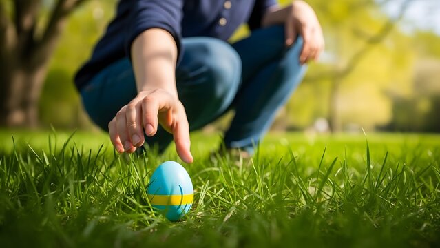 Easter sunday egg hunt man picking up blue and yellow easter egg in grass
