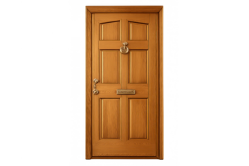 Wooden front door with panel design, featuring a brass door knocker and letterbox. Transparent background