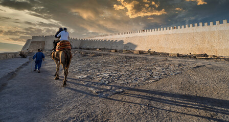 Sunset Stroll Along Ancient Fort Wall With Camel Rider and Family On Hilltop Path, Agadir, Morocco
