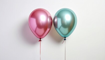 Two glossy helium balloons, one pink and one teal, floating close together against a plain white background.