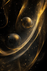 Abstract design of celestial bodies, with a gold and black color scheme, featuring smooth curves and lines, creating an elegant composition, set against a dark background. Generative AI
