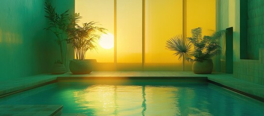 A serene indoor pool space bathed in golden sunlight with lush greenery enhancing the ambiance