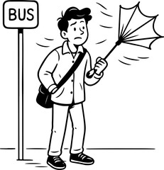 Black and white line art illustration of man waiting bus in rain suitable for daily inconvenience concept