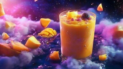 A surreal mango smoothie with glowing swirls and floating fruit chunks in a cosmic setting 