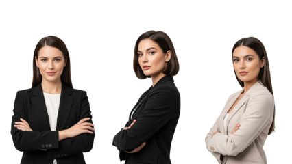 Three young businesswomen in black and beige blazers standing with arms crossed on black background isolated on white transparent png background download