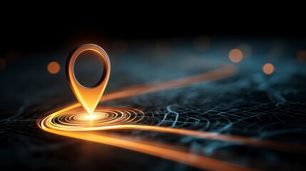 A luminous, gold-colored location pin sits atop a textured, dark map with glowing light trails leading away. The background is a soft, out-of-focus darkness