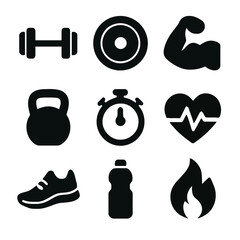Fitness icons collection featuring various exercise and wellness symbols on a white background