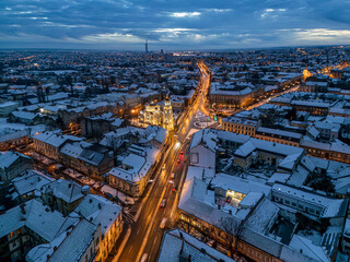 Winter aerial view of Sinaia Square, Timisoara, Romania