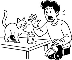 Black and white line art illustration of man spilling coffee accident suitable for daily life problem concept