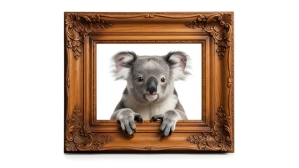 Cute koala bear peeking out of an antique ornate wooden frame, looking directly at the camera with a curious expression, isolated on white background.