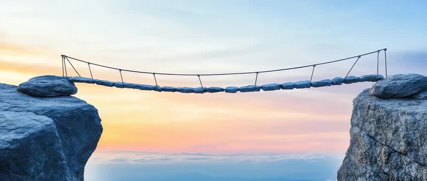 Serene Sunrise Precarious Rope Bridge Between Mountain Peaks