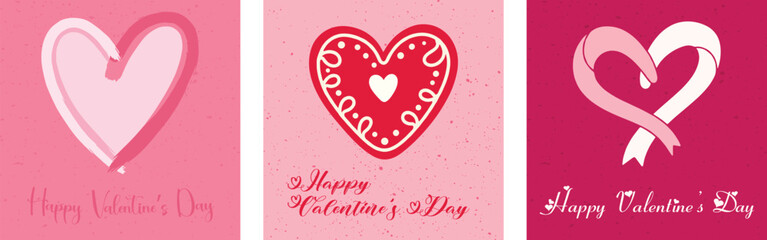 Pink Valentine's Day Hearts and Greetings Illustration Set for Romantic Cards and Social Media Posts, Love and Affection Theme
